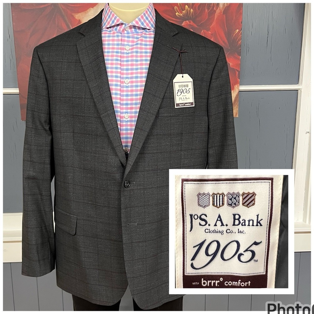Jos A Bank Suit Top Jacket Mens 50R Slim Fit Wool Stretch Dark Gray/Dark Red